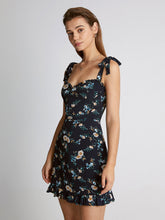 Sweetheart Tie Strap Dark Daisy Ruffle Mini Dress